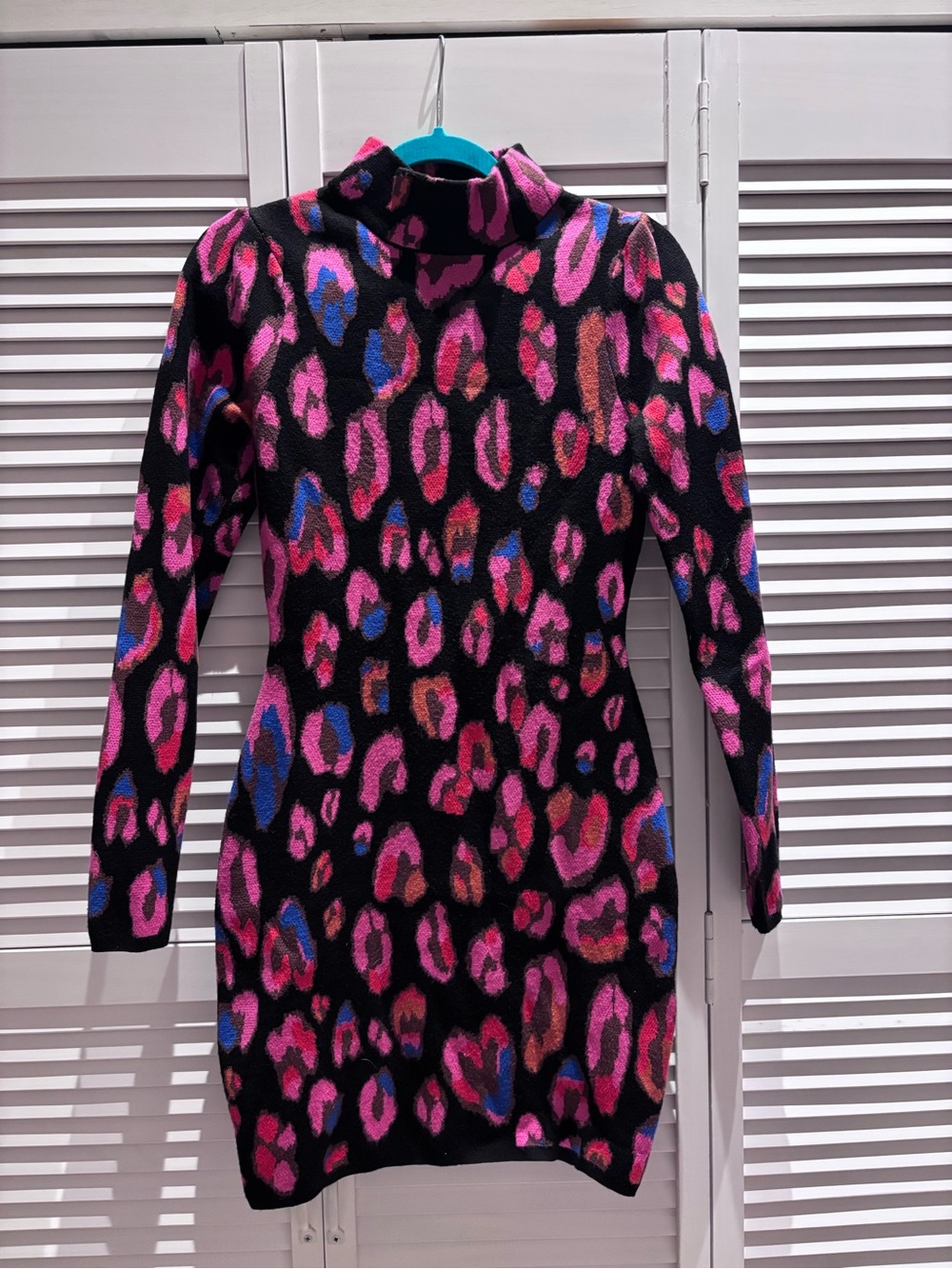 FARM Rio Black Turtleneck Sweater Dress with Pink and Blue Leopard Print